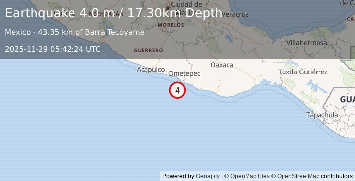 Earthquake OFFSHORE GUERRERO, MEXICO (4.0 m) (2025-11-29 05:42:24 UTC)