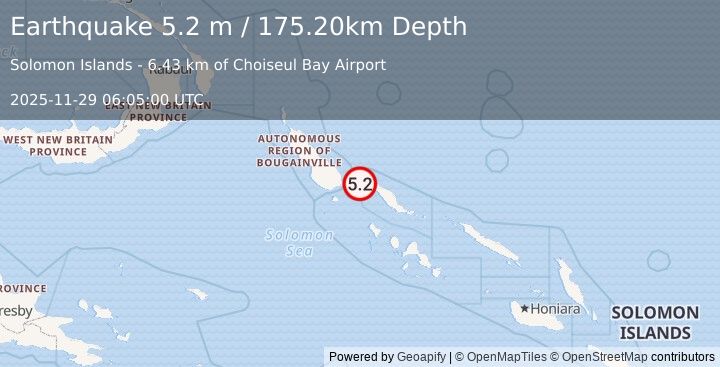 Earthquake SOLOMON ISLANDS (5.1 mb) (2025-11-29 06:05:00 UTC)