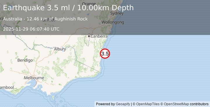 Earthquake NEAR S.E. COAST OF AUSTRALIA (3.5 ml) (2025-11-29 06:07:39 UTC)