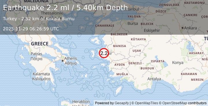 Earthquake NEAR THE COAST OF WESTERN TURKEY (2.2 ml) (2025-11-29 06:26:59 UTC)