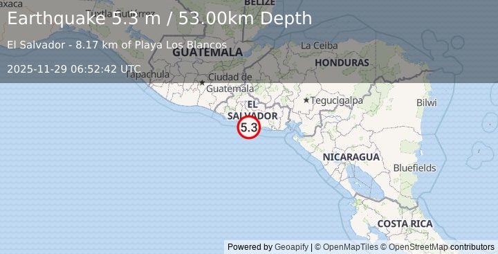 Earthquake OFFSHORE EL SALVADOR (4.9 mw) (2025-11-29 06:52:40 UTC)