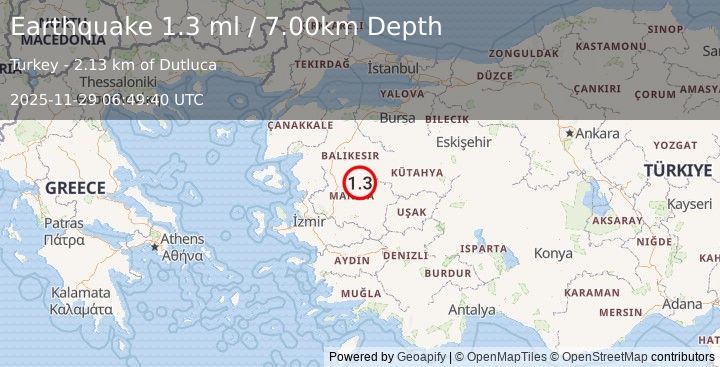 Earthquake WESTERN TURKEY (1.3 ml) (2025-11-29 06:49:40 UTC)