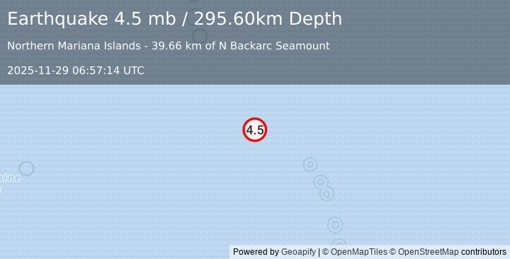 Earthquake MARIANA ISLANDS REGION (4.5 mb) (2025-11-29 06:57:14 UTC)