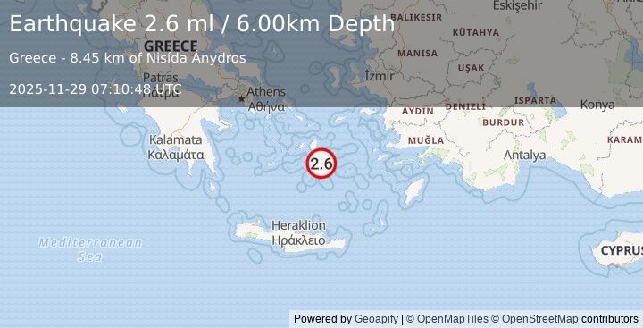 Earthquake DODECANESE ISLANDS, GREECE (2.6 ml) (2025-11-29 07:10:48 UTC)