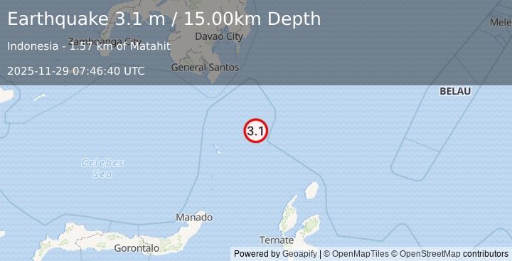 Earthquake KEPULAUAN TALAUD, INDONESIA (3.1 m) (2025-11-29 07:46:40 UTC)
