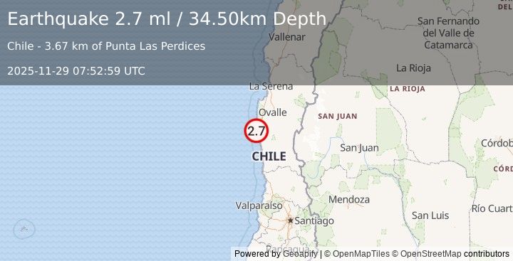 Earthquake OFFSHORE COQUIMBO, CHILE (2.7 ml) (2025-11-29 07:52:59 UTC)