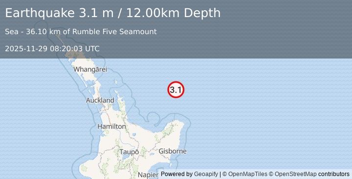 Earthquake OFF E. COAST OF N. ISLAND, N.Z. (3.1 m) (2025-11-29 08:20:03 UTC)