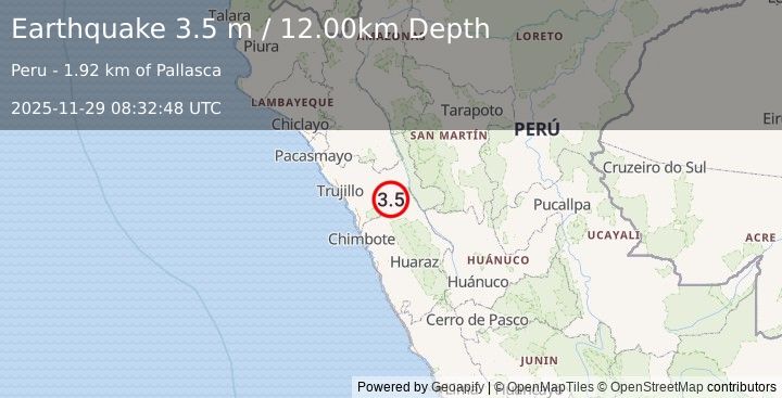 Earthquake NEAR COAST OF NORTHERN PERU (3.5 m) (2025-11-29 08:32:48 UTC)