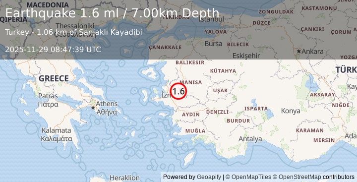 Earthquake WESTERN TURKEY (1.6 ml) (2025-11-29 08:47:35 UTC)