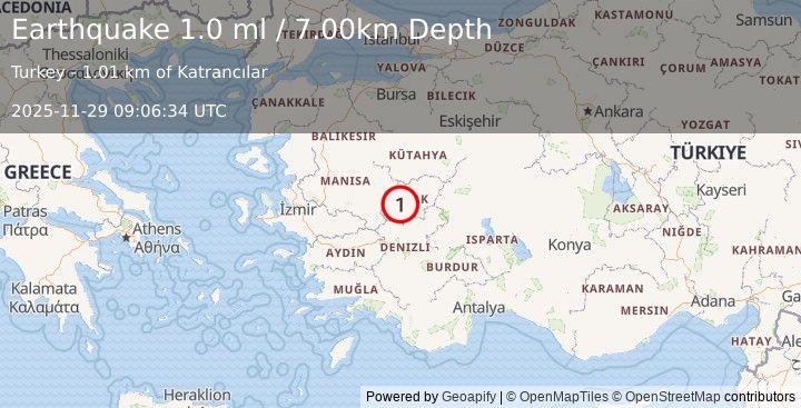 Earthquake WESTERN TURKEY (1.0 ml) (2025-11-29 09:06:34 UTC)