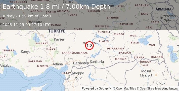 Earthquake EASTERN TURKEY (1.8 ml) (2025-11-29 09:27:10 UTC)