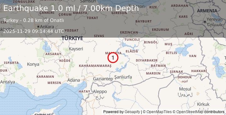 Earthquake EASTERN TURKEY (1.0 ml) (2025-11-29 09:14:44 UTC)