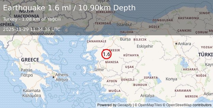 Earthquake WESTERN TURKEY (1.6 ml) (2025-11-29 11:34:36 UTC)