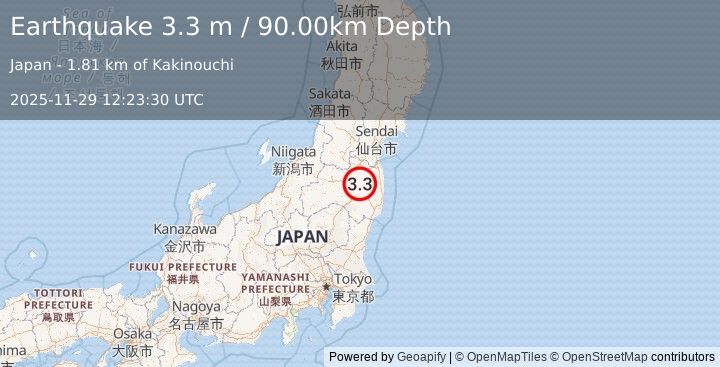 Earthquake EASTERN HONSHU, JAPAN (3.3 m) (2025-11-29 12:23:30 UTC)