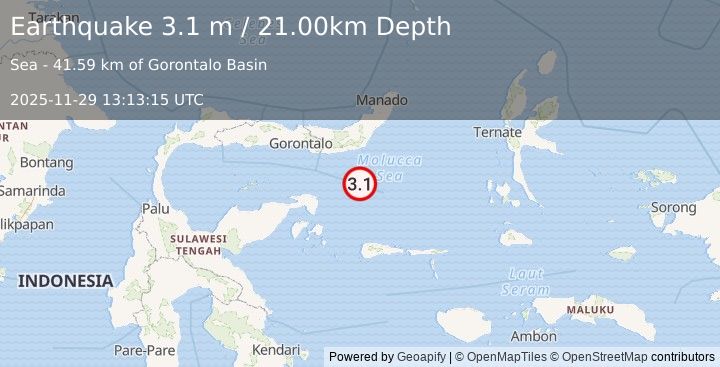 Earthquake MOLUCCA SEA (3.1 m) (2025-11-29 13:13:15 UTC)
