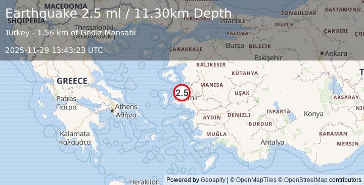 Earthquake NEAR THE COAST OF WESTERN TURKEY (2.5 ml) (2025-11-29 13:43:23 UTC)