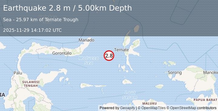 Earthquake MOLUCCA SEA (2.8 m) (2025-11-29 14:17:02 UTC)