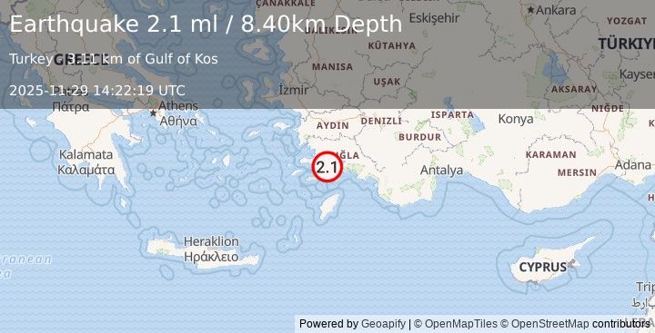 Earthquake DODECANESE IS.-TURKEY BORDER REG (2.1 ml) (2025-11-29 14:22:19 UTC)