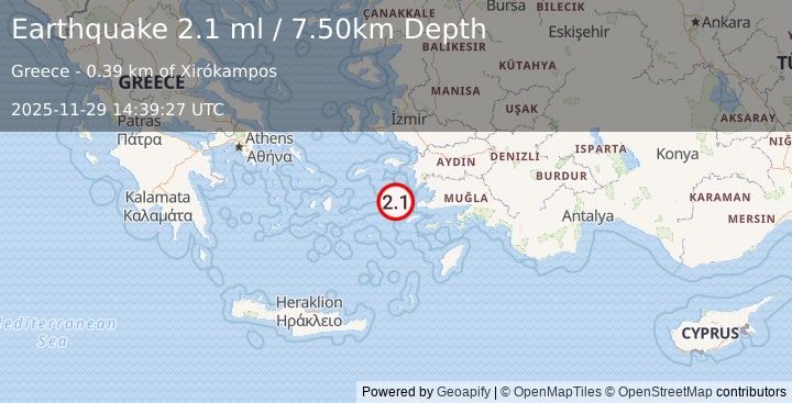 Earthquake DODECANESE ISLANDS, GREECE (2.1 ml) (2025-11-29 14:39:27 UTC)