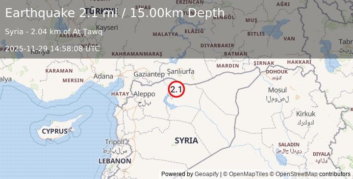 Earthquake TURKEY-SYRIA BORDER REGION (2.1 ml) (2025-11-29 14:58:08 UTC)