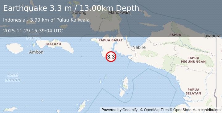 Earthquake NEAR S COAST OF PAPUA, INDONESIA (3.3 m) (2025-11-29 15:39:04 UTC)