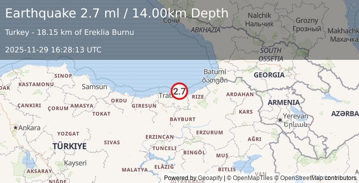 Earthquake EASTERN TURKEY (2.7 ml) (2025-11-29 16:28:13 UTC)