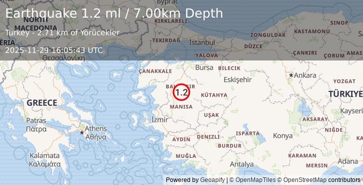 Earthquake WESTERN TURKEY (1.2 ml) (2025-11-29 16:05:42 UTC)