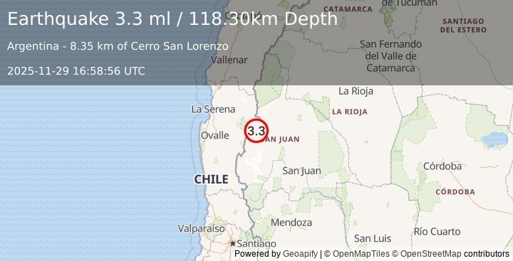 Earthquake SAN JUAN, ARGENTINA (3.3 ml) (2025-11-29 16:58:56 UTC)