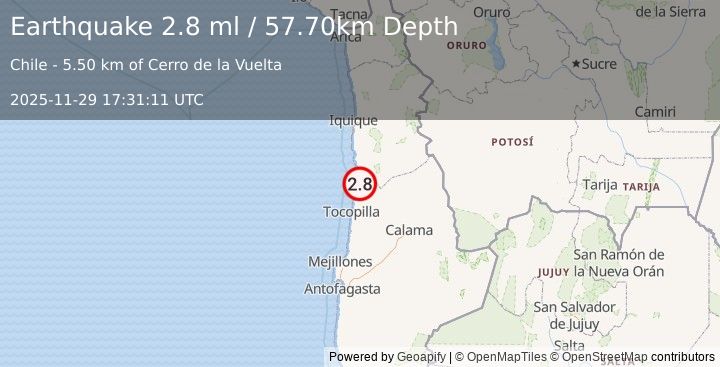 Earthquake ANTOFAGASTA, CHILE (2.8 ml) (2025-11-29 17:31:11 UTC)