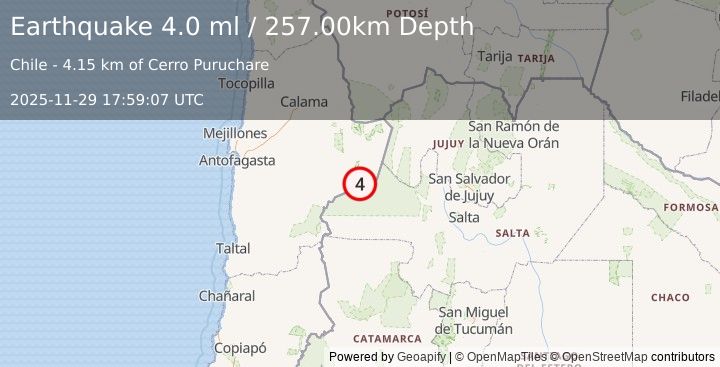 Earthquake ANTOFAGASTA, CHILE (4.0 ml) (2025-11-29 17:59:07 UTC)
