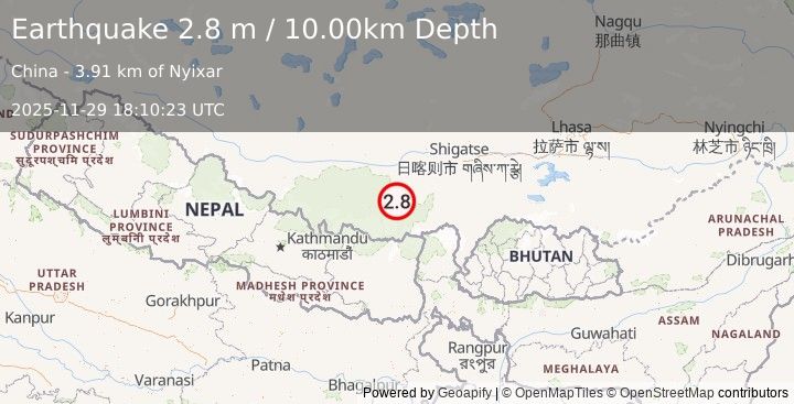 Earthquake WESTERN XIZANG (2.8 m) (2025-11-29 18:10:23 UTC)