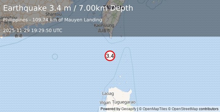 Earthquake PHILIPPINE ISLANDS REGION (3.4 m) (2025-11-29 19:29:50 UTC)