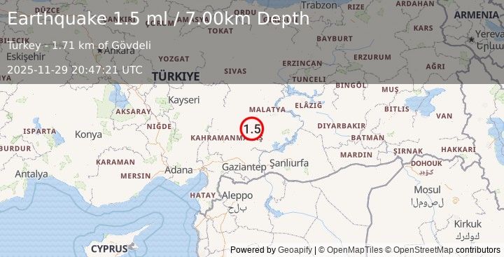 Earthquake CENTRAL TURKEY (1.5 ml) (2025-11-29 20:47:21 UTC)