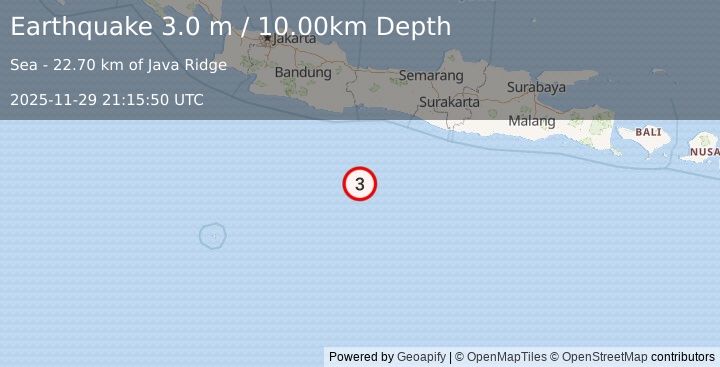 Earthquake SOUTH OF JAVA, INDONESIA (3.0 m) (2025-11-29 21:15:50 UTC)