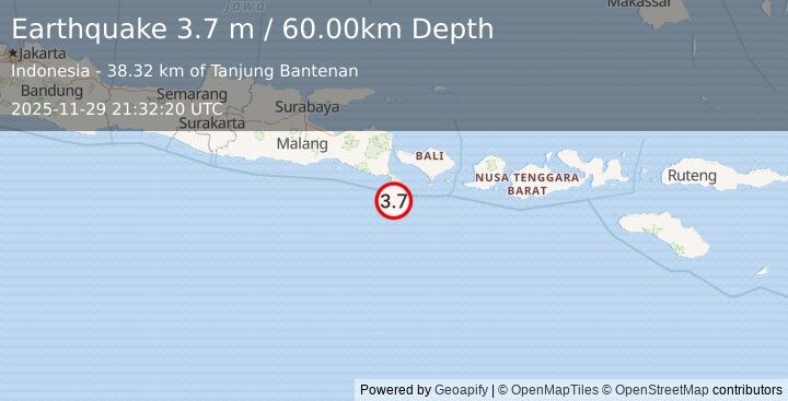 Earthquake SOUTH OF BALI, INDONESIA (3.7 m) (2025-11-29 21:32:20 UTC)