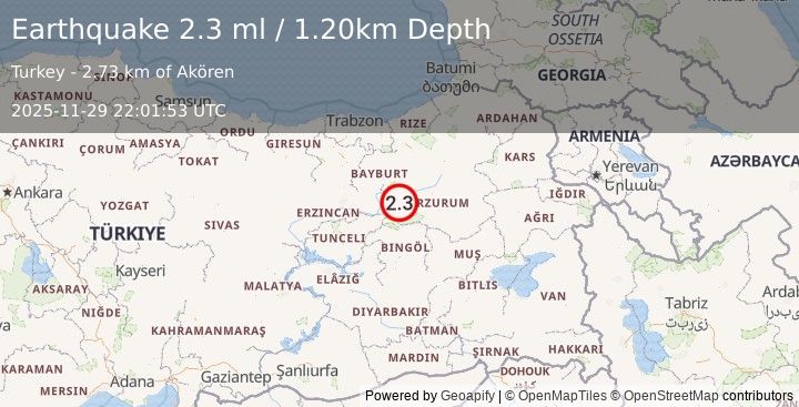 Earthquake EASTERN TURKEY (2.3 ml) (2025-11-29 22:01:54 UTC)
