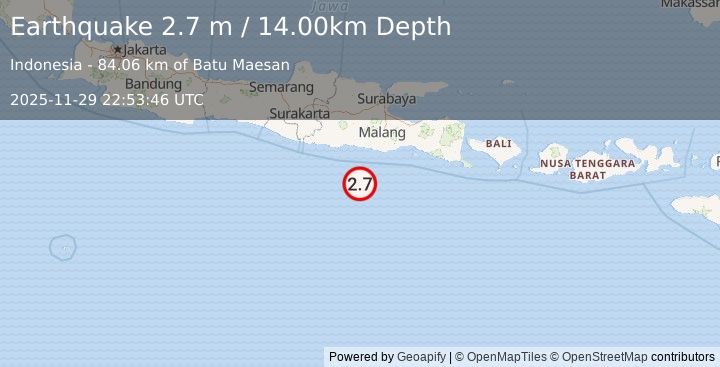 Earthquake SOUTH OF JAVA, INDONESIA (2.7 m) (2025-11-29 22:53:46 UTC)