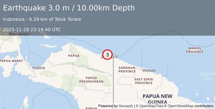 Earthquake NEAR N COAST OF PAPUA, INDONESIA (3.0 m) (2025-11-29 23:19:40 UTC)
