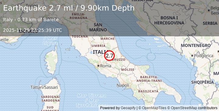 Earthquake CENTRAL ITALY (2.7 ml) (2025-11-29 23:25:39 UTC)