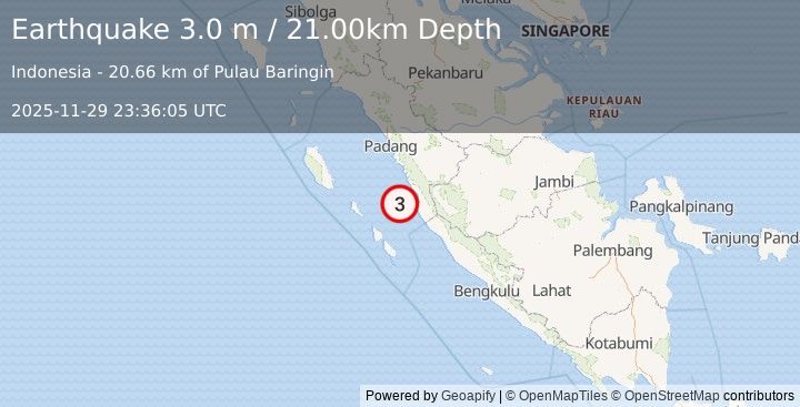 Earthquake KEP. MENTAWAI REGION, INDONESIA (3.0 m) (2025-11-29 23:36:05 UTC)
