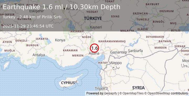 Earthquake CENTRAL TURKEY (1.6 ml) (2025-11-29 23:46:54 UTC)