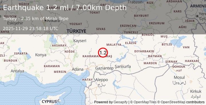 Earthquake CENTRAL TURKEY (1.2 ml) (2025-11-29 23:58:18 UTC)