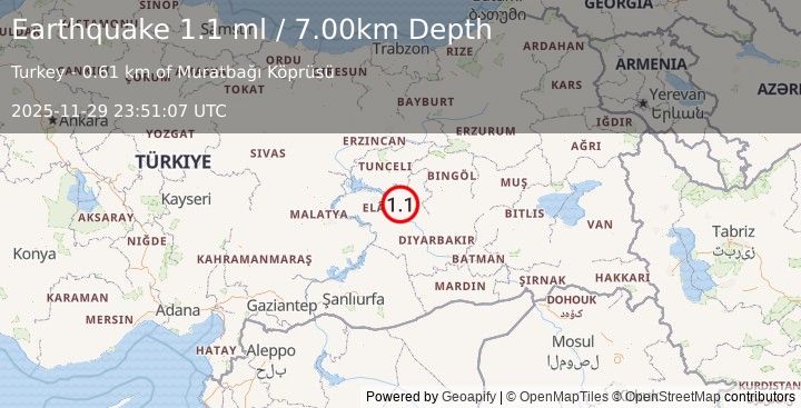 Earthquake EASTERN TURKEY (1.1 ml) (2025-11-29 23:51:07 UTC)