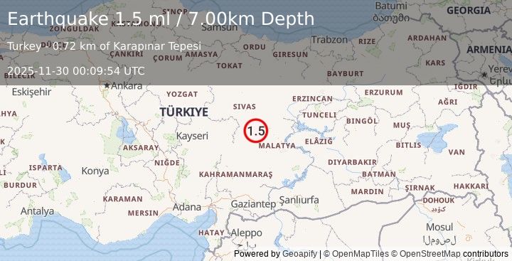 Earthquake CENTRAL TURKEY (1.5 ml) (2025-11-30 00:09:54 UTC)