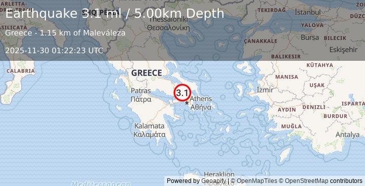 Earthquake GREECE (3.1 ml) (2025-11-30 01:22:23 UTC)