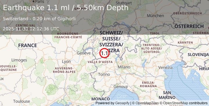 Earthquake SWITZERLAND (1.1 ml) (2025-11-30 02:12:36 UTC)
