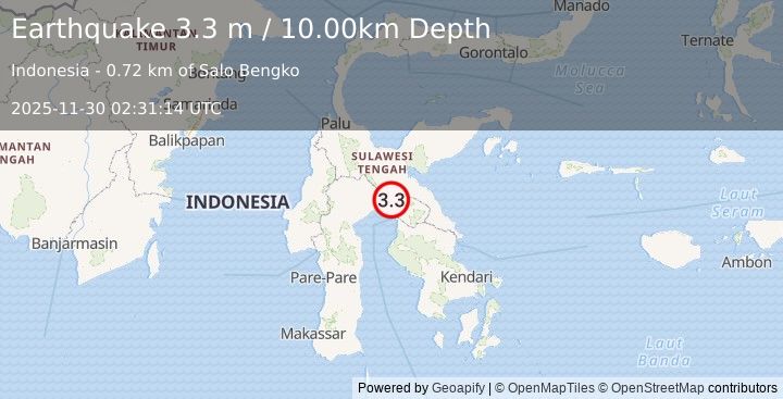 Earthquake SULAWESI, INDONESIA (3.3 m) (2025-11-30 02:31:14 UTC)