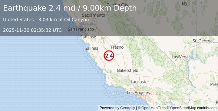 Earthquake CENTRAL CALIFORNIA (2.4 md) (2025-11-30 02:35:32 UTC)