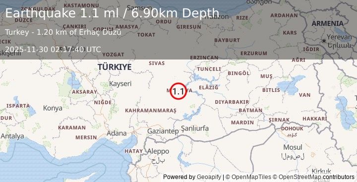 Earthquake EASTERN TURKEY (1.1 ml) (2025-11-30 02:17:40 UTC)