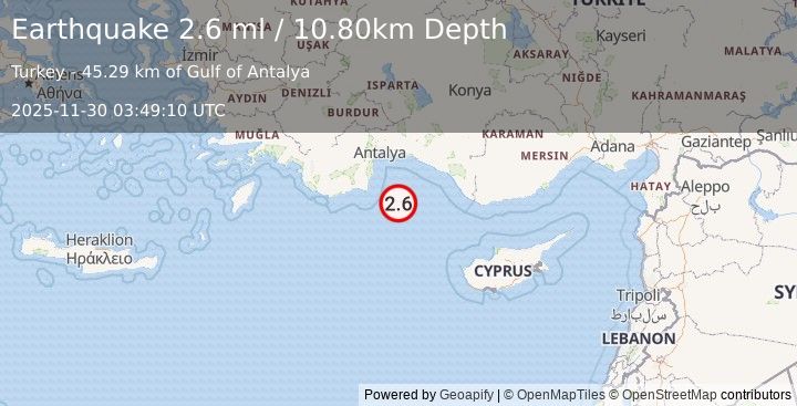 Earthquake WESTERN TURKEY (2.6 ml) (2025-11-30 03:49:10 UTC)